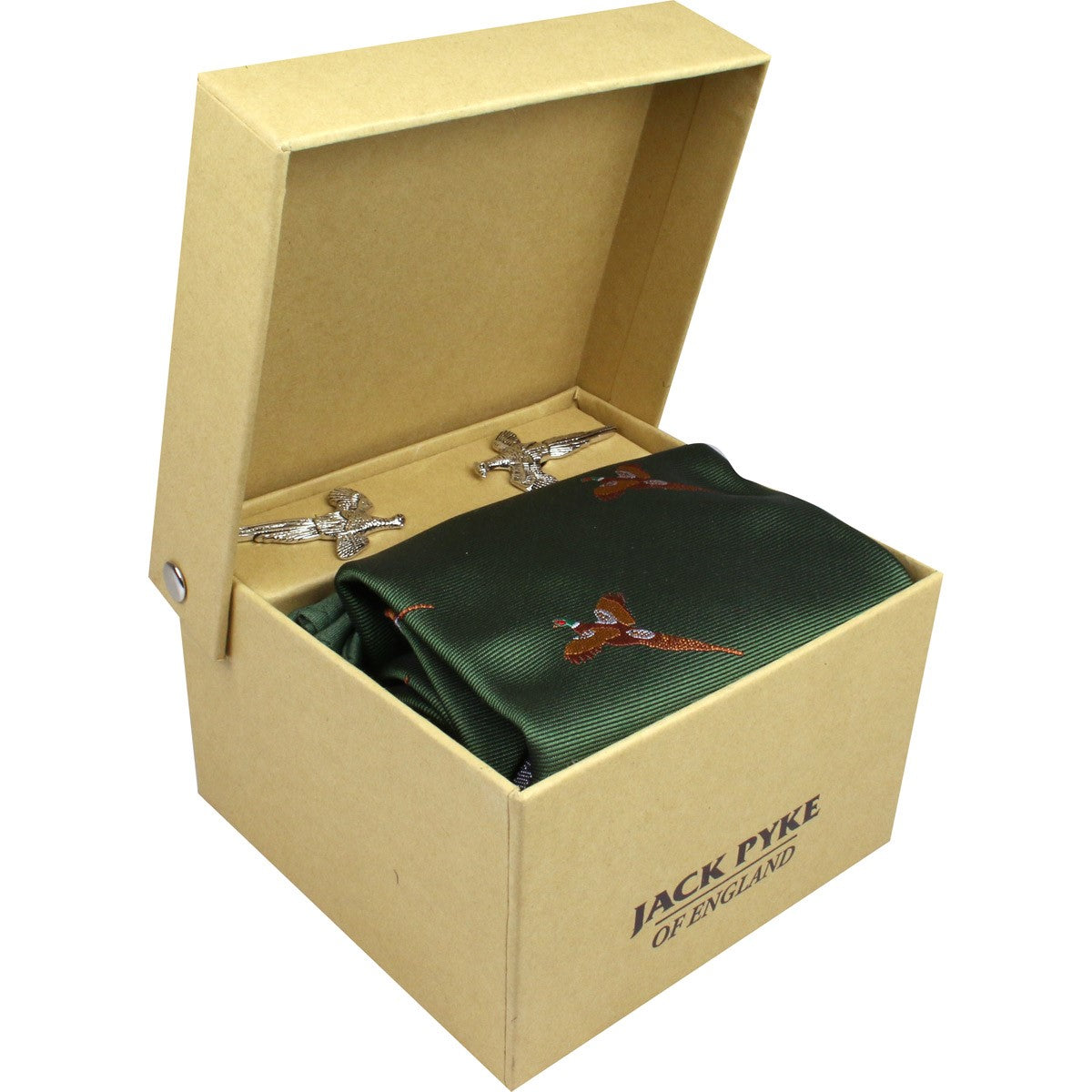 Jack Pyke Cufflinks, Tie & Hanky Gift Set - green pheasants in box