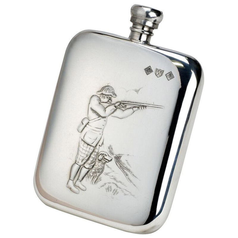 6oz Shooter & Dog Pewter Rounded Flask by Bisley